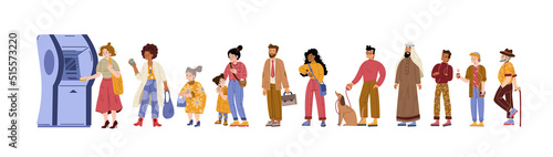 People queue at atm. Diverse characters stand in line waiting turn to make money transaction in automated teller machine. Clients at bank terminal, banking services, Linear flat vector illustration