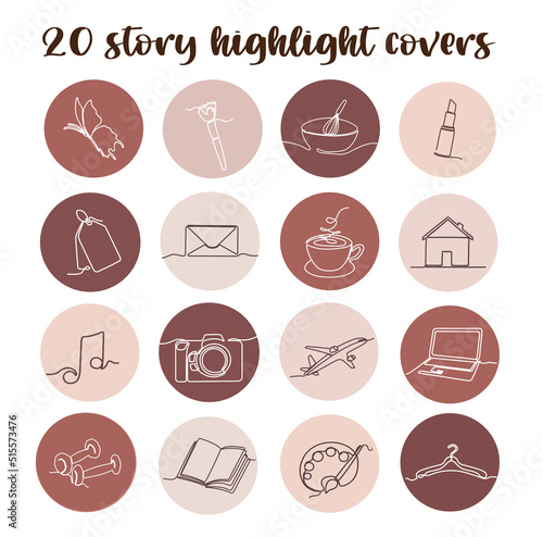 One line instagram lifestyle highlight icon set. Hand drawn story covers for social media