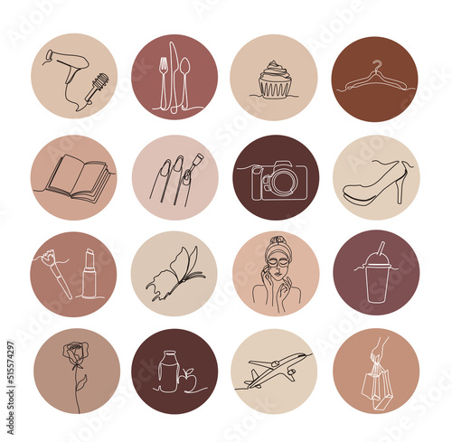One line instagram lifestyle highlight icon set. Hand drawn story covers for social media