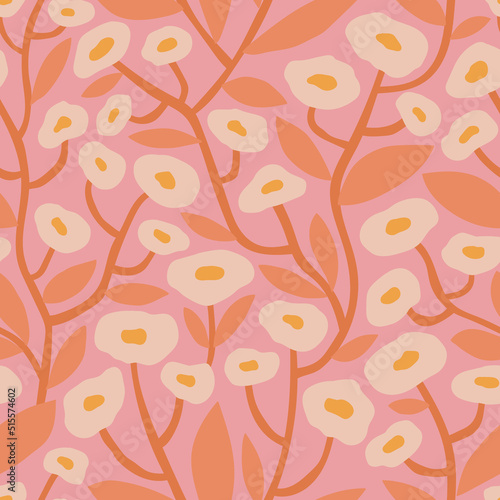 Groovy floral seamless pattern. Retro trippy cute flowers on a pink background. Summer abstract floral textile vintage print. Pastel trendy garden ornament in 70s moody style.