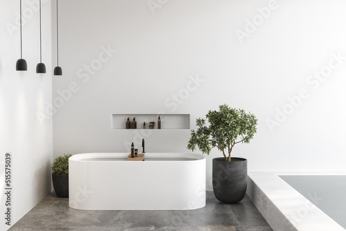 Soft natural and sophisticated minimal bathroom has white sink, oval mirror, toilet, bidet, arch, trend. 3d rendering