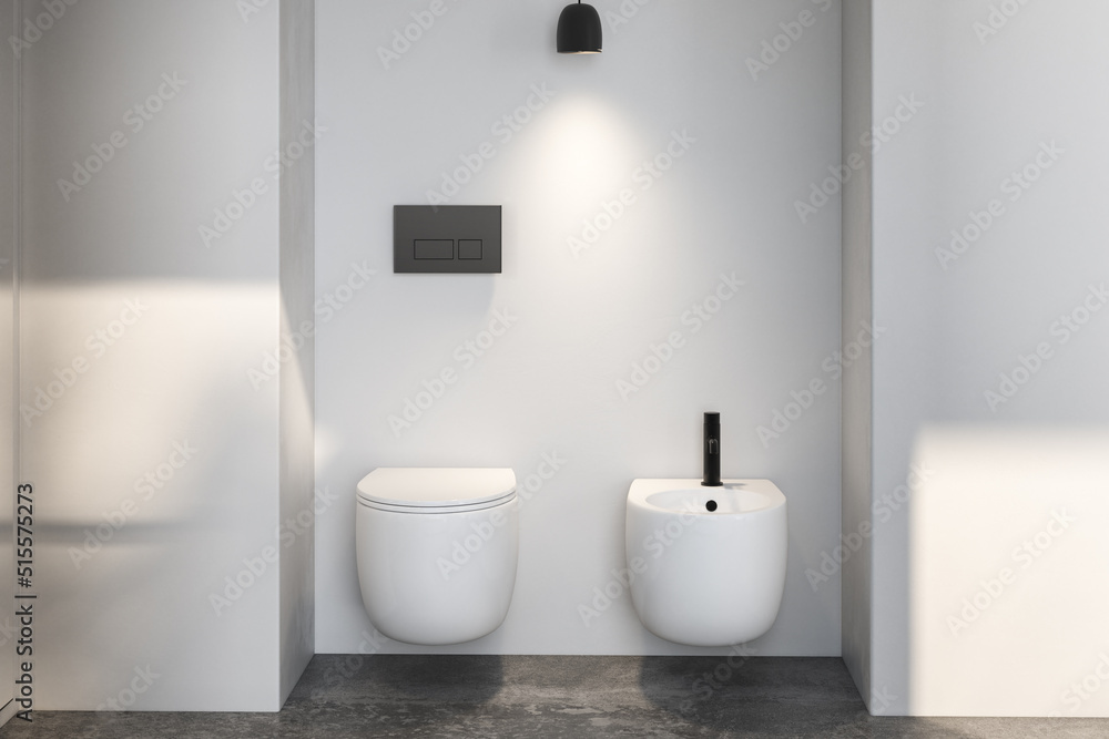 Soft natural and sophisticated minimal bathroom has white sink, oval mirror, toilet, bidet, arch, trend. 3d rendering Soft natural and sophisticated minimal bathroom has white sink, oval mirror, toilet, bidet, arch, trend. 3d rendering
