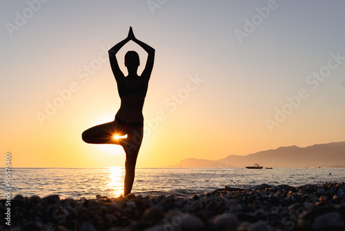 Yoga wellness retreat class on morning sunrise beach landscape. Silhouette of girl standing in tree pose meditation vertical background. 