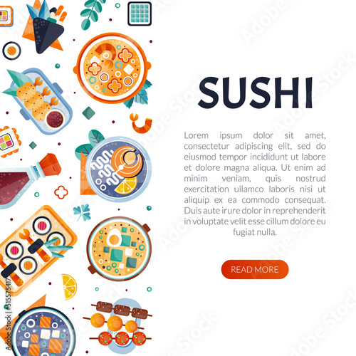 Sushi Food Design with Cooked Japanese Dish Above Vector Template