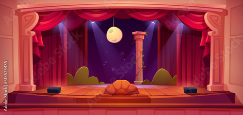 Theater stage, empty scene with red curtains, spotlights and decoration with moon and column. Vector cartoon illustration of theatre interior with wooden stage and velvet drapes