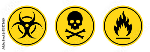 Danger toxic, poison, toxic, biohazard caution sign set. Skull, virus, chemical danger yellow symbol element. Vector illustration