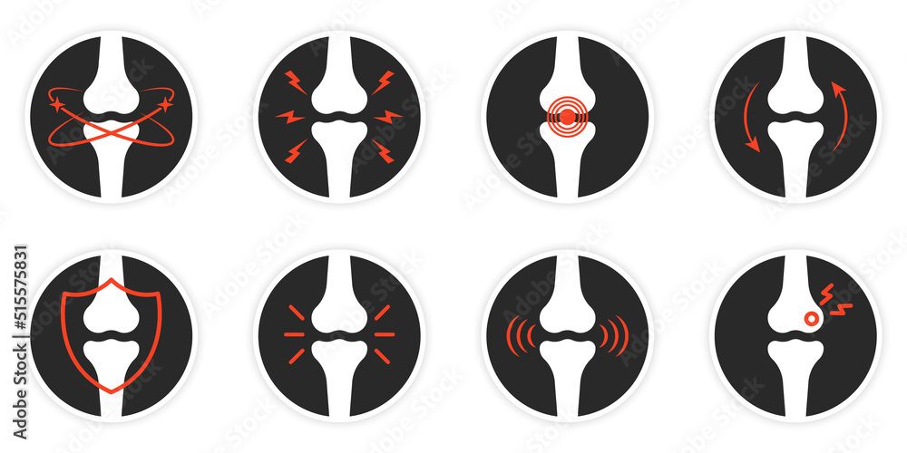Bones Pain Silhouette Icon Set. Bone Injury, Arthritis, Osteoporosis