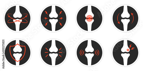 Bones Pain Silhouette Icon Set. Bone Injury, Arthritis, Osteoporosis, Inflammation Pictogram. Ache of Knee, Hand, Leg Skeleton. Bones Joint Illness Icon. Isolated Vector Illustration