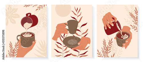 Hands with coffee mug and jug. Barista prepares coffee with milk. Set of abstract posters in minimalist boho retro style.