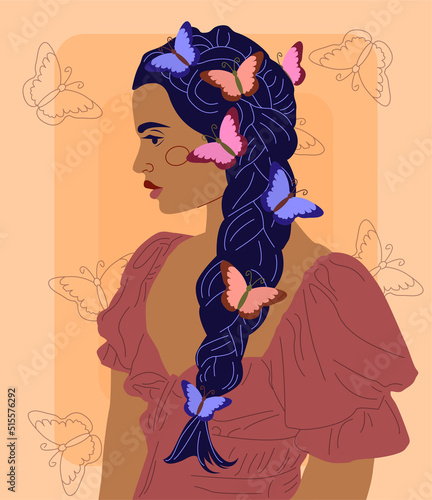 Black skin woman with butterflies in her hair. Young attractive girl. Flat Vector Illustration