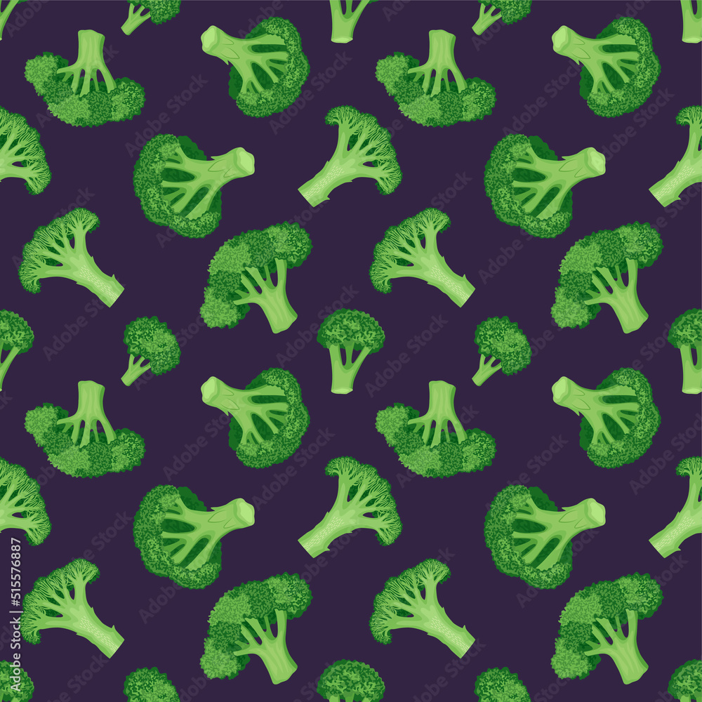 Obraz premium Seamless pattern with green ripe broccoli. Vector pattern on a blue background in a flat style.