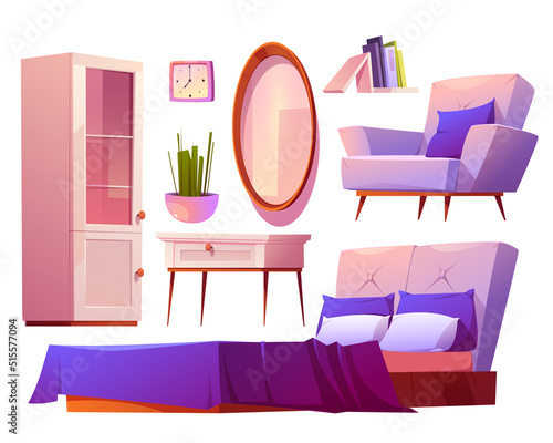 Pink bedroom interior set with purple decor. Room collection of modern furniture, mirror, bed, armchair, table and cupboard. Feminine design for girl, hotel suit apartment. Cartoon vector illustration