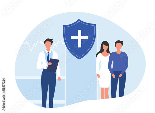 Insurance agent offering health and medical insurance contract to couple to protect from life health accident. Health and life insurance policy, healthcare concept 