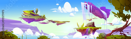 Game background with fantasy landscape with floating islands and items. Vector cartoon illustration of 2d land platforms with green grass, waterfall and flying leaves in bubbles