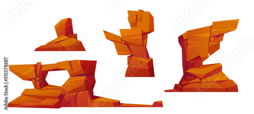Desert stones, rock elements of mountains, cliff or canyon in Africa, Mexico, Arizona or Texas. Vector cartoon set of brown rubbles, rough boulders, sandstone arc isolated on white background
