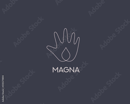 Continue thin line art of hand holding a drop logo template. Premium water, clean, moisture vector sign symbol logotype. © iamguru