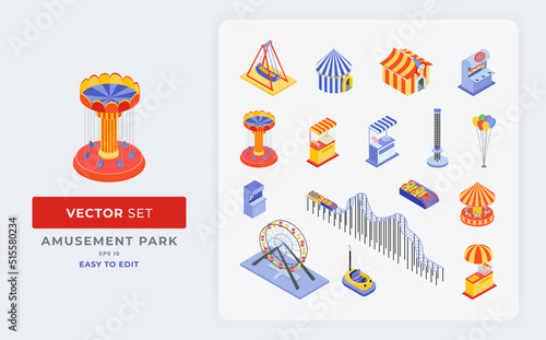colorful amusement park isometric set graphic vector elements various circus tents amusement rides isolated eps 10.