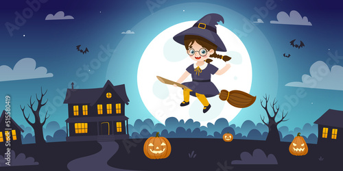 Cute witch girl flying on a broomstick on halloween night. Scary landscape with adorable little witch.