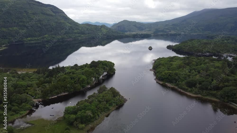 Muckross Lake on ring of Kerry Ireland drone aerial view Muckross Lake on ring of Kerry Ireland drone aerial view