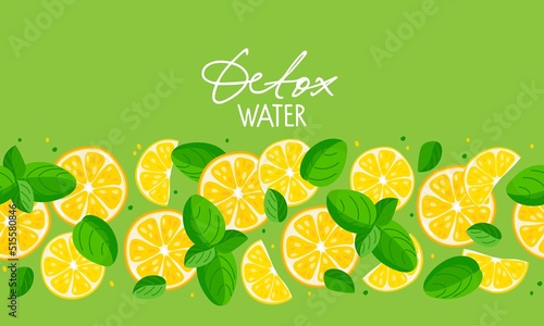 Detox water label. Seamless Citrus fruit with mint leaves pattern. Fruit and leaf border on green background. Flat vector illustration For cafe menu, pack design, print design, poster, web banner