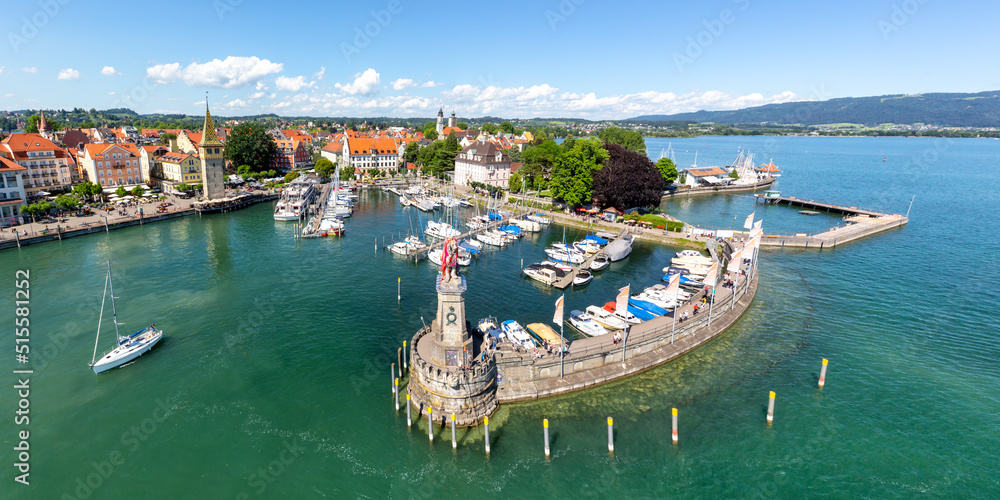 Lindau with marina town at lake Constance Bodensee panorama yachts travel traveling from above in Germany