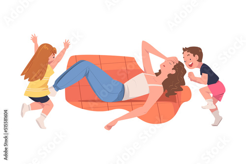 Tired Woman Mom Lying on Sofa Exhausted with Noisy and Energetic Kids Playing Around Vector Illustration