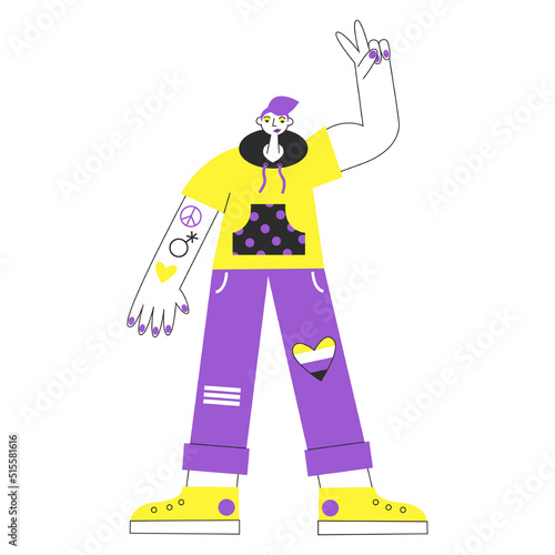 Non binary androgynous genderfluid person with pride symbols and flag. Queer male or female against lgbtq+ discrimination vector flat isolated illustration.