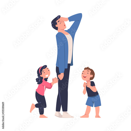 Tired Man Dad Exhausted with Noisy and Energetic Kids Playing Around Vector Illustration