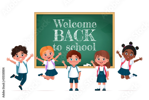 Children in the class near a chalkboard. Back to school concept, cartoon pupil characters. Vector illustration in 3d style