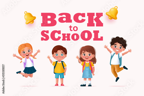 Back to school concept banner  happy school children. Vector illustration in cartoon 3D style