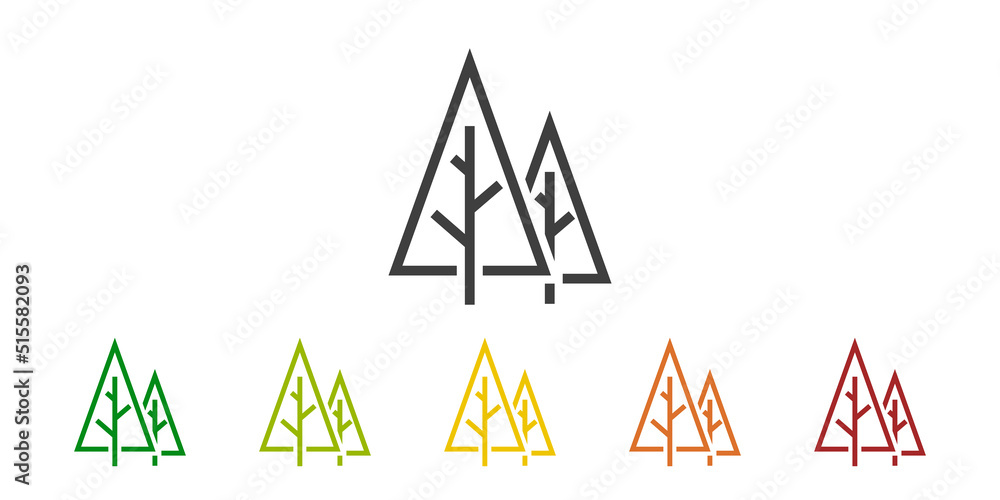 Logo siluetas de árboles geométricos. Vector con líneas en varios colores por las cuatro estaciones Logo siluetas de árboles geométricos. Vector con líneas en varios colores por las cuatro estaciones