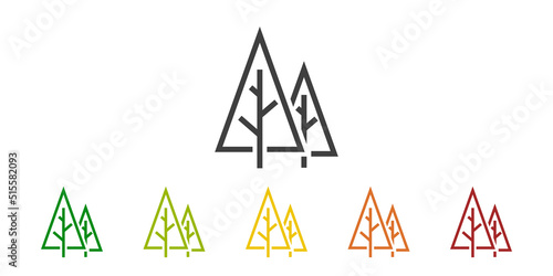 Logo siluetas de árboles geométricos. Vector con líneas en varios colores por las cuatro estaciones