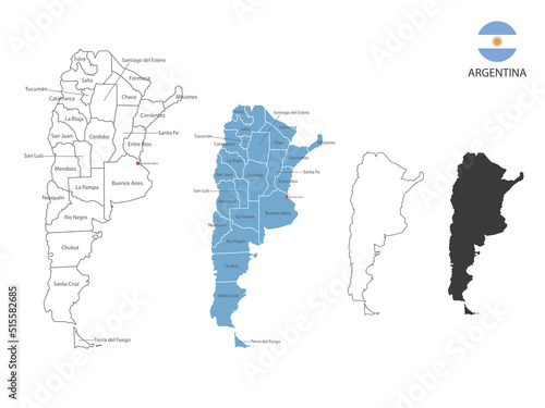 4 style of Argentina map vector illustration have all province and mark the capital city of Argentina. By thin black outline simplicity style and dark shadow style. Isolated on white background.
