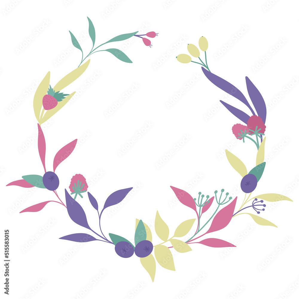 Gentle light leaves and berries wreath. Nature floral decoration.