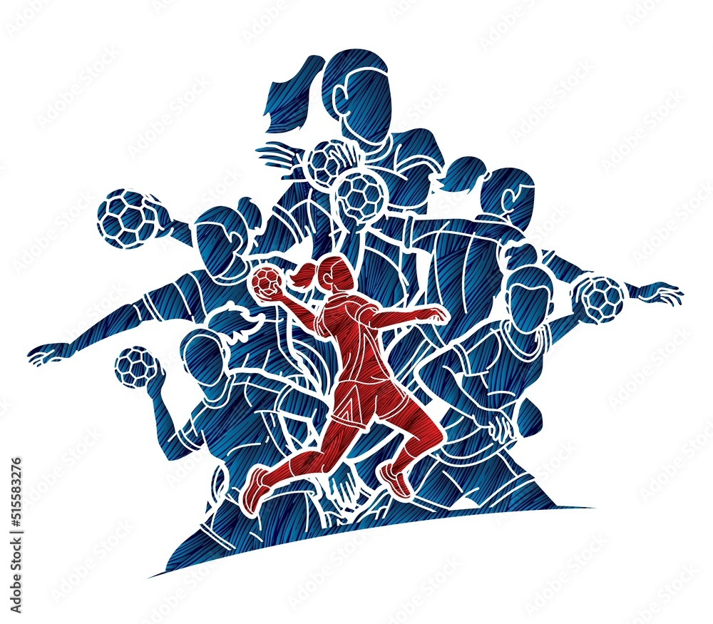 Obraz premium Group of Handball Female Players Sport Team Action Cartoon Graphic Vector