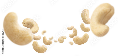 Flying cashew nuts, isolated on white background