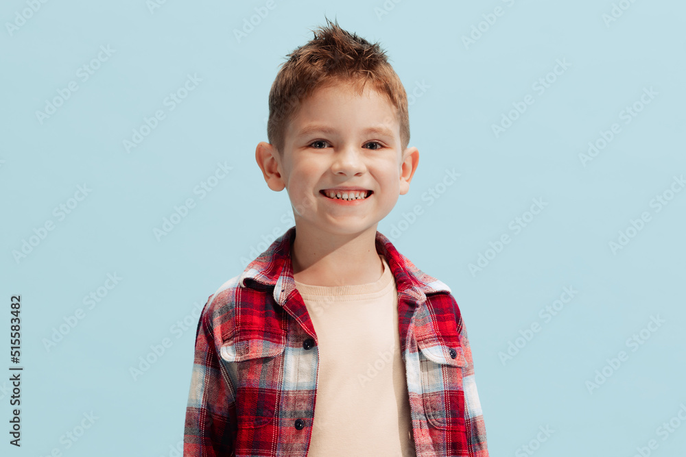 Portrait of little boy, child in checkered shirt looking at camera, cheerfully smiling, posing isolated on light blue studio background. Portrait of little boy, child in checkered shirt looking at camera, cheerfully smiling, posing isolated on light blue studio background.