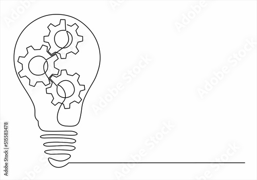 Continuous one single line drawing innovation Light bulb and gears inside icon vector illustration concept