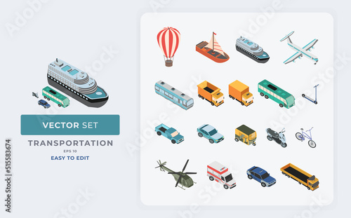 Vector set of isometric collection of various types of transportation vehicles. Color Editable Eps 10.