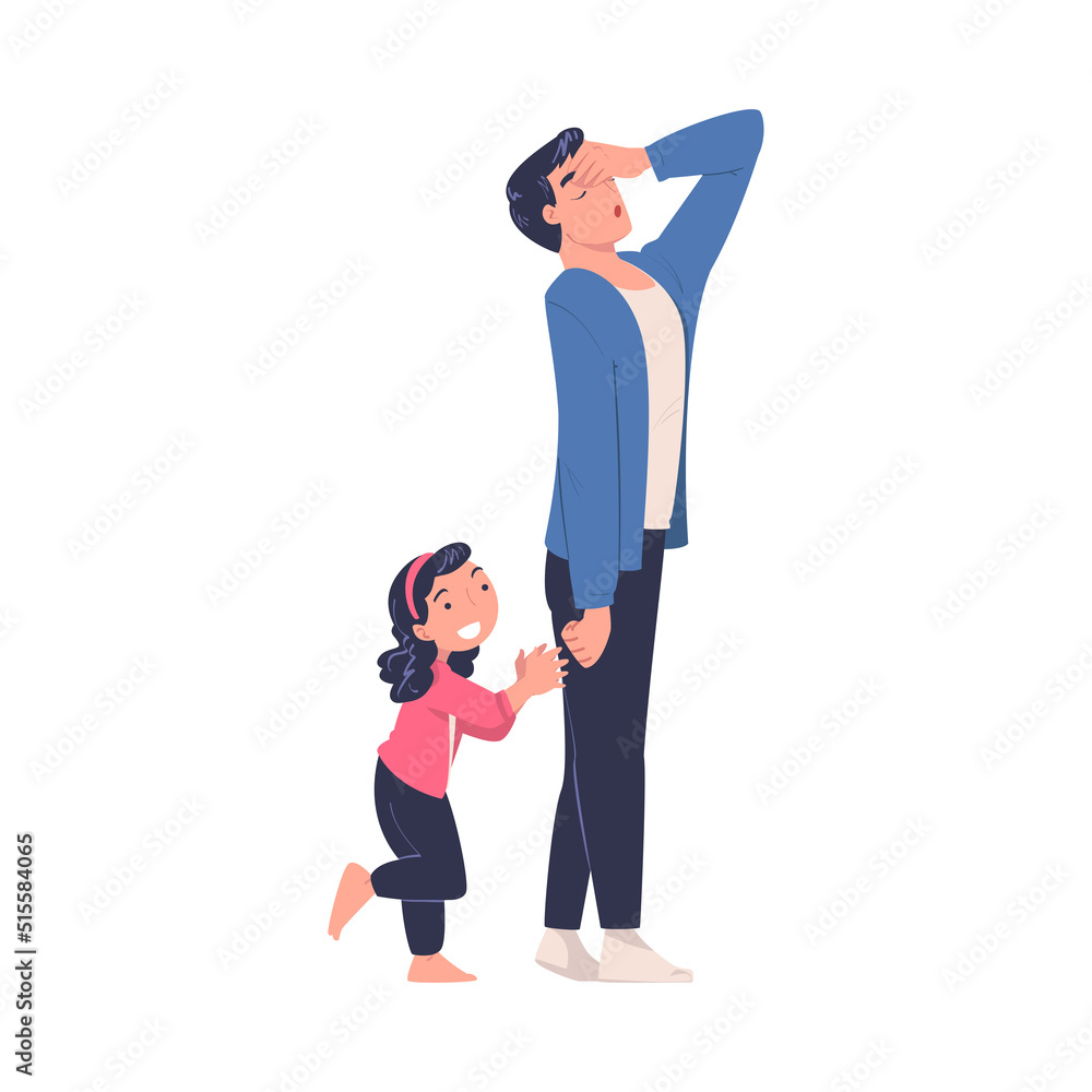 Tired Man Dad Exhausted with Noisy and Energetic Daughter Claiming Attention Vector Illustration