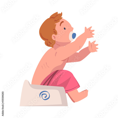 Cute Baby Toddler Sitting on Potty with Pacifier and Stretching Arms Vector Illustration