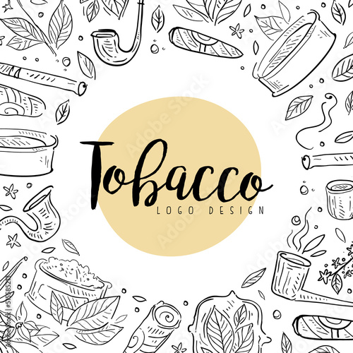 Tobacco Design with Sketchy Drawn Leaf, Cigar and Smoking Pipe Vector Template