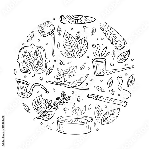 Tobacco Design with Sketchy Drawn Leaf, Cigar and Smoking Pipe in Round Composition Vector Template