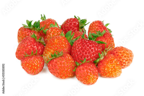 A bunch of ripe garden strawberries on a white background.