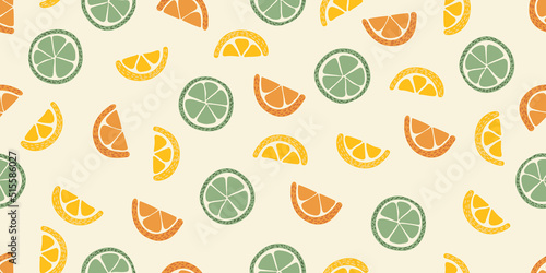 Seamless pattern with citrus fruits. Summer pattern with fruit slices. Flat elements are isolated. Endless background.