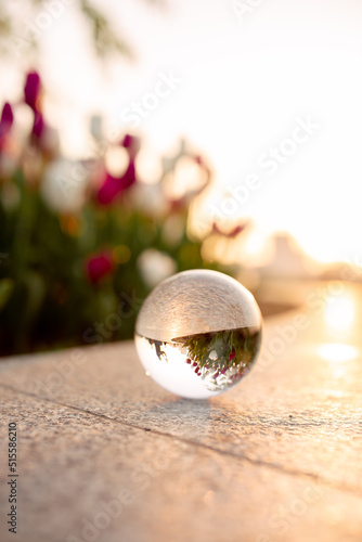 glass optical ball at sunset in the city in Ukraine
