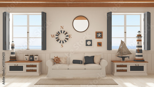 Marine style, living room with sofa and carpet in white and gray tones. Panoramic windows with sea landscape. Parquet and beam ceiling. Nautical interior design