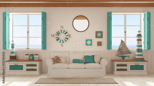 Marine style, living room with sofa and carpet in white and turquoise tones. Panoramic windows with sea landscape. Parquet and beam ceiling. Nautical interior design photo