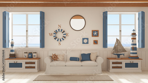 Marine style, living room with sofa and carpet in white and blue tones. Panoramic windows with sea landscape. Parquet and beam ceiling. Nautical interior design photo