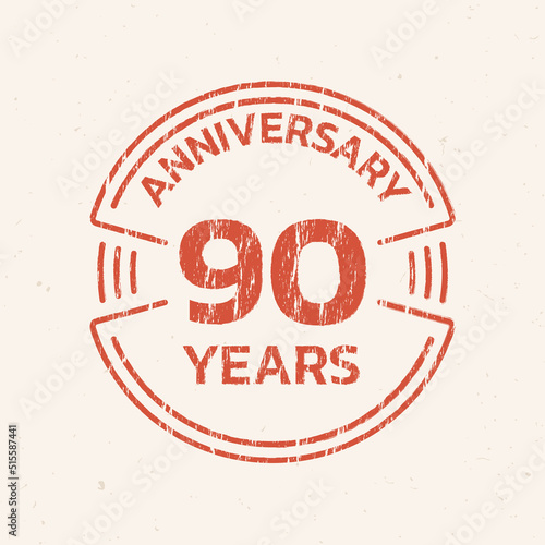 90th Anniversary logo or icon. 90 years round stamp design with grunge, rough texture. Birthday celebrating, jubilee circle badge or label template. Vector illustration.